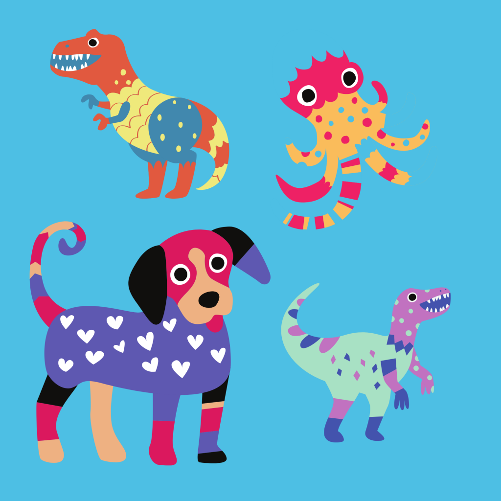 childlike drawings of dinosaurs an octopus and a dog
