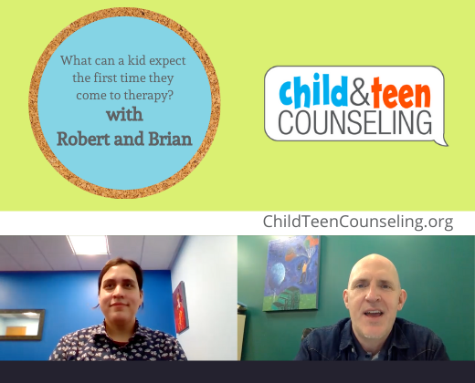 brian and robert on zoom with the title: "what can a kid expect the first time they come to therapy."