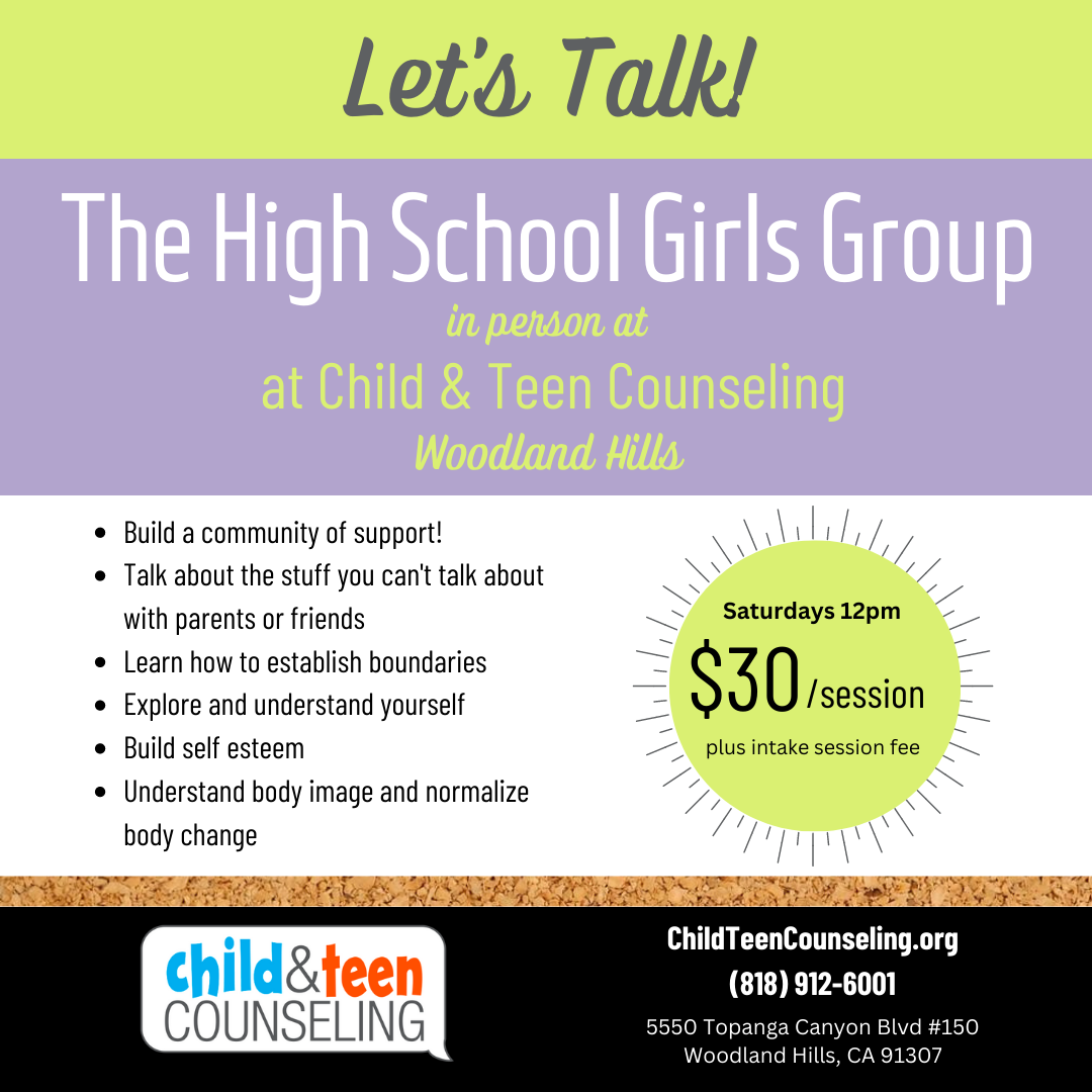 The High School Girls Group in person at Child & Teen Counseling. It costs 30 dollars and happens every saturday at noon.